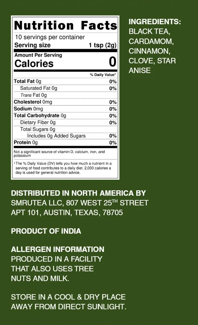 Nutrition facts label
